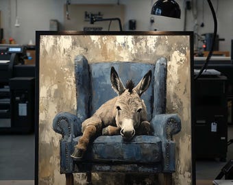 Arte en lienzo "Donkey Lounge", burro relajado en una silla, impresión de pared de animales, arte decorativo para el hogar, diseño de lienzo para arte de pared, lienzo de regalo listo para colgar