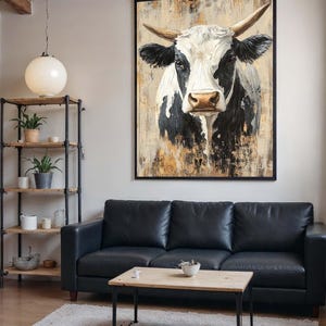 Rustic Cow Wall Art, Farm Animal Canvas, Black and White Cow Painting, Country Style Decor, Modern Farmhouse Artwork, Ready-to-Hang image 1
