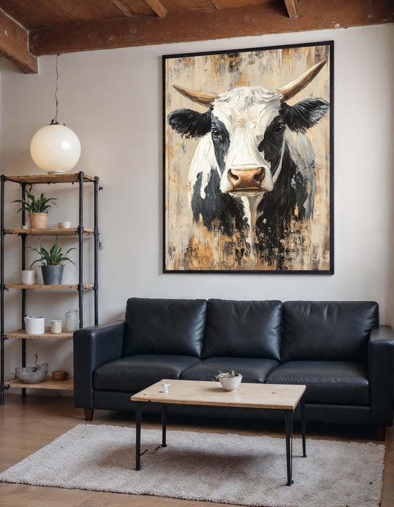 Rustic Cow Wall Art, Farm Animal Canvas, Black and White Cow Painting, Country Style Decor, Modern Farmhouse Artwork, Ready-to-Hang