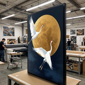 Puede incluir: Obra de arte enmarcada de gran tamaño con dos grullas blancas con marcas rojas en la cabeza en vuelo contra una luna dorada y un fondo azul oscuro. La obra se exhibe en un taller.