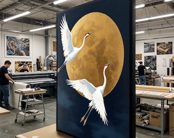 Moonlit Cranes Canvas Art, Crane Birds Wall Print, Gold Moon Sky, Animal Poster, Wall Art Canvas Design, Ready To Hang Decoration