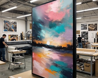 Abstract Sunset Canvas, Colorful Sky Wall Art, Sunset Reflection Painting, Modern Art Canvas Design, Ready To Hang Home Décor