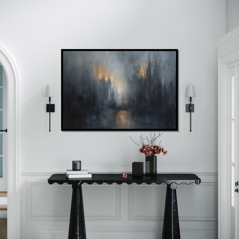 Misty Cityscape Canvas, Abstract Urban Wall Art, Dark Atmosphere City Print, Wall Art Canvas Design, Ready to Hang Decoration image 2