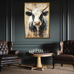 Rustic Cow Wall Art, Farm Animal Canvas, Black and White Cow Painting, Country Style Decor, Modern Farmhouse Artwork, Ready-to-Hang image 2