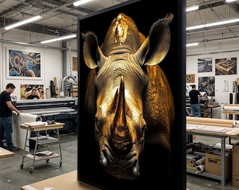 Tela con rinoceronte dorato, poster con rinoceronte maestoso, arte murale con animali, design di tela per arte murale, arredamento di lusso per la casa, decorazione pronta da appendere