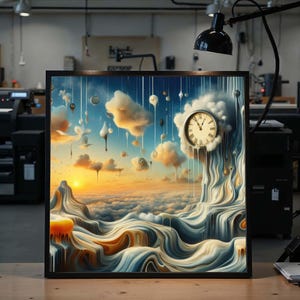 May include: A framed surrealist painting depicts a dreamscape with a clock, clouds, and flowing water. The artwork features a warm color palette with a sunset and a clock with Roman numerals. The painting is displayed on a wooden surface.