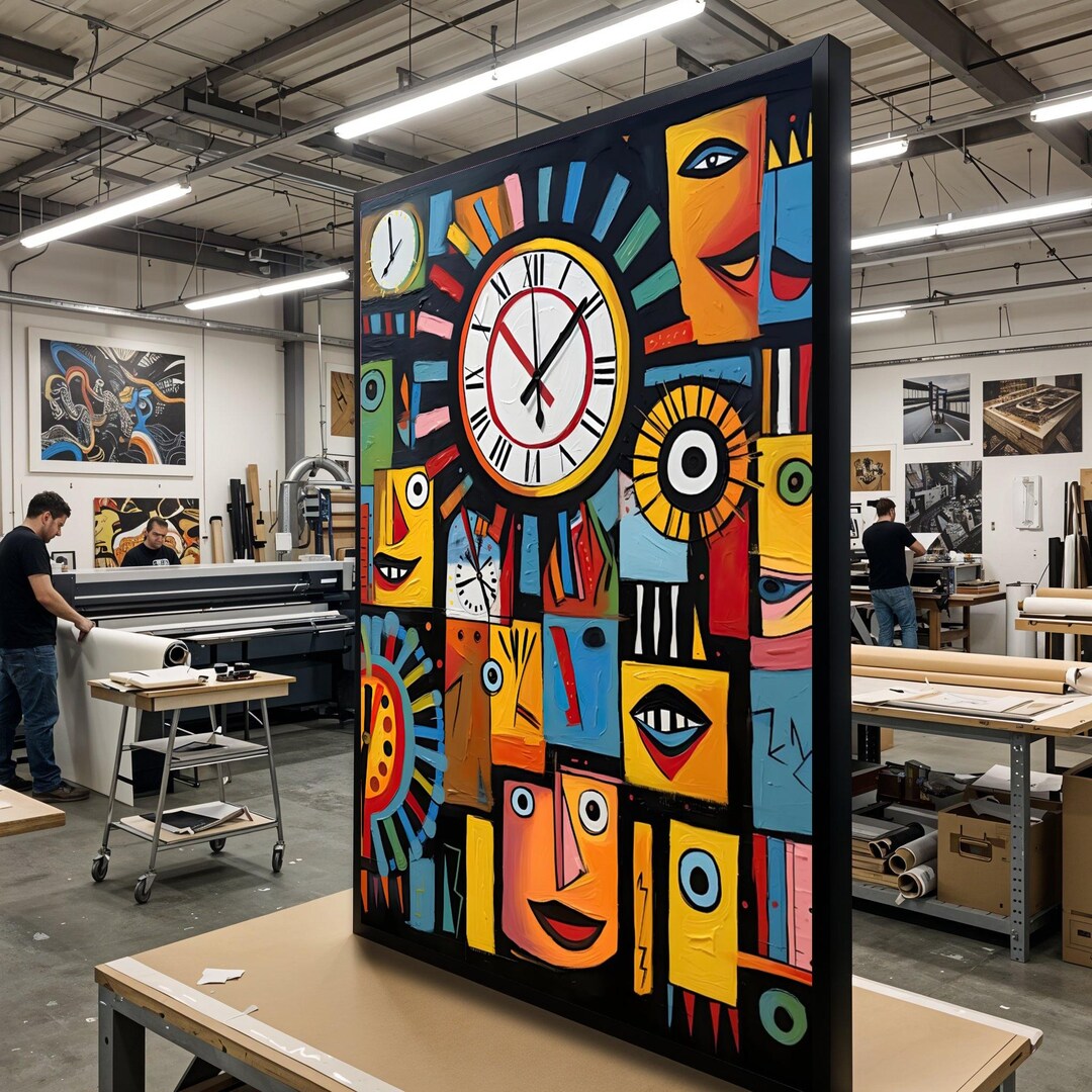 Abstract Faces Time, Colorful Clock Canvas Art, Geometric Abstract