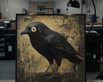 Tela con corvo steampunk, arte con uccelli meccanici, arte murale unica, arredamento steampunk, design di tela per arte murale, decorazione pronta da appendere