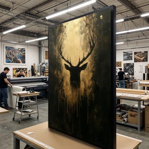 Lienzo con silueta de ciervo dorado, arte abstracto de ciervo, diseño de lienzo para pared, decoración de lujo para el hogar, regalo listo para colgar. imagen 1