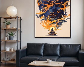 Op de afbeelding: Een groot ingelijst kunstwerk met een gestileerd Boeddha-gezicht in blauwe en oranje tinten. Het kunstwerk toont een serene Boeddha-figuur met een gedetailleerd gezicht en een kleinere figuur aan de onderkant. De print hangt boven een zwarte leren bank.