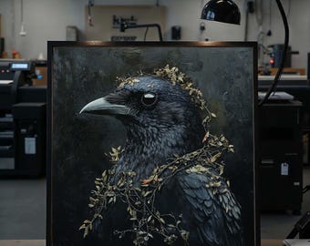 Mystical Crow Canvas Art, Gothic Raven Portrait, Dark Nature-Inspired Wall Decor, Black Bird with Leaves Artwork