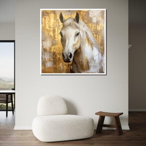 Majestic White Horse Canvas Art, Gold Accented Horse Painting, Elegant Equine Wall Decor, Modern Rustic Artwork, Ready to Hang image 5