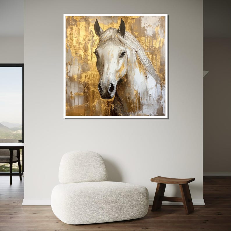 Majestic White Horse Canvas Art, Gold Accented Horse Painting, Elegant Equine Wall Decor, Modern Rustic Artwork, Ready to Hang image 5