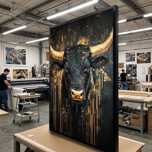 Gyllene tjurcanvas, abstrakt djurkonst, tjurväggtryck, guldstänk, väggkonstcanvasdesign, redo att hängas, heminredningspresentcanvas bild 1