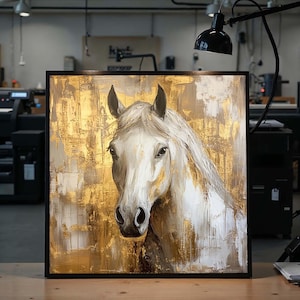 Majestic White Horse Canvas Art, Gold Accented Horse Painting, Elegant Equine Wall Decor, Modern Rustic Artwork, Ready to Hang image 1