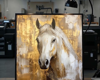 Majestic White Horse Canvas Art, Gold Accented Horse Painting, Elegant Equine Wall Decor, Modern Rustic Artwork, Ready to Hang