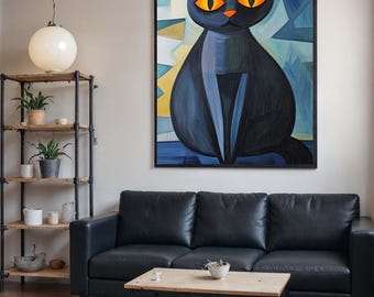 Abstract Black Cat Canvas Art, Modern Cubist Cat Painting, Geometric Feline Wall Art, Vibrant Blue and Orange Decor, Ready to Hang