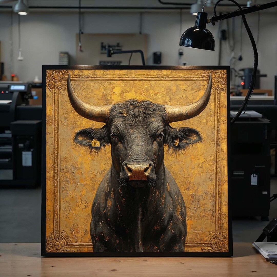 Rustic Bull Majestic Bull Canvas, Golden Background Wall Art, Powerful Animal ...