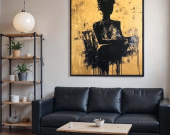 Lienzo abstracto de silueta negra con fondo dorado, figura coronada, pintura abstracta minimalista, listo para colgar.