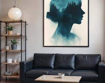 Woman Silhouette Canvas, Nature and Woman Fusion Art, Sunset Forest Wall Décor, Dreamlike Landscape Artwork, Ready to Hang