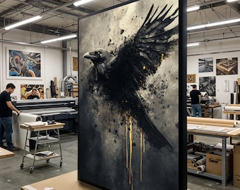 Korpstänk-canvas, dramatisk fågelkonst, svart och guldfärgad korptryck, väggkonstcanvasdesign, unik stil, redo att hängas dekoration
