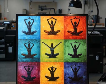 Flerfärgade yogasilhuetter, yogapositionscanvas, meditationskonst, väggkonstcanvasdesign, redo att hängas dekoration, färgglad meditationstryck