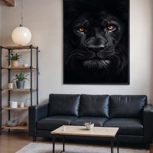 Black Lion Canvas Wall Art, Majestic Lion Close-Up, Dark Animal Portrait, Fierce Lion Eyes Artwork, Ready to Hang Canvas, Animal Decor