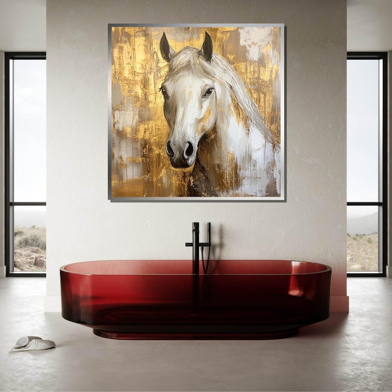 Majestic White Horse Canvas Art, Gold Accented Horse Painting, Elegant Equine Wall Decor, Modern Rustic Artwork, Ready to Hang image 4
