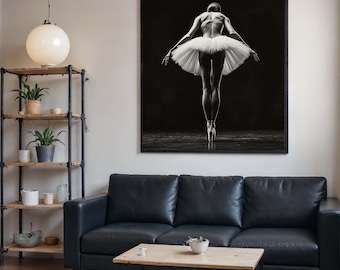 Graceful Ballerina in White Canvas, Black and White Ballet Art,Elegant Dance Silhouette Print,Minimalist Ballerina Wall Décor,Ready to Hang