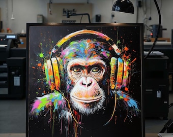 Vibrant Headphones Monkey Canvas, Animal Wall Art, Colorful Chimpanzee Print, Wall Art Canvas Design, Ready to Hang Home Decor