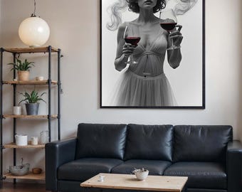 Elegant Femme Fatale Art, Wine Art Canvas,Black and White Wine Canvas, Sensual Wall Art Print, Modern Glam Wall Decor,Sexy Art Canvas Design