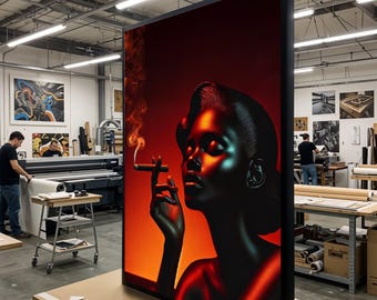 Elegant Portrait, Woman with Cigar Canvas, Modern Art, Orange Aesthetic, Wall Art Canvas Design, Ready to Hang Home Decor