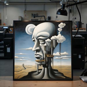 May include: A framed surrealist painting depicting a large, white sculpted face with a landscape integrated into its form. The artwork includes clouds, a desert scene, and architectural elements, set against a blue sky.