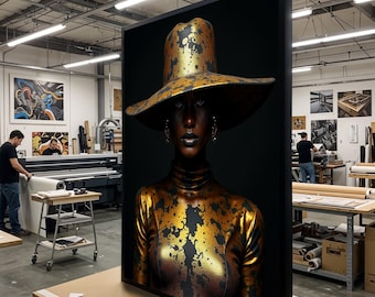 May include: A framed art print featuring a portrait of a person wearing a gold-splattered hat and matching attire. The artwork has a dark background and is displayed in a workshop setting.