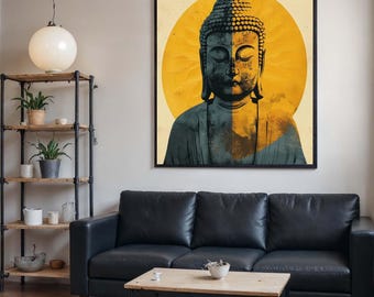 May include: A framed Buddha art print. The artwork features a two-toned Buddha statue against a yellow circular background. The room includes a black leather sofa, a wooden coffee table, and a metal shelf with plants.