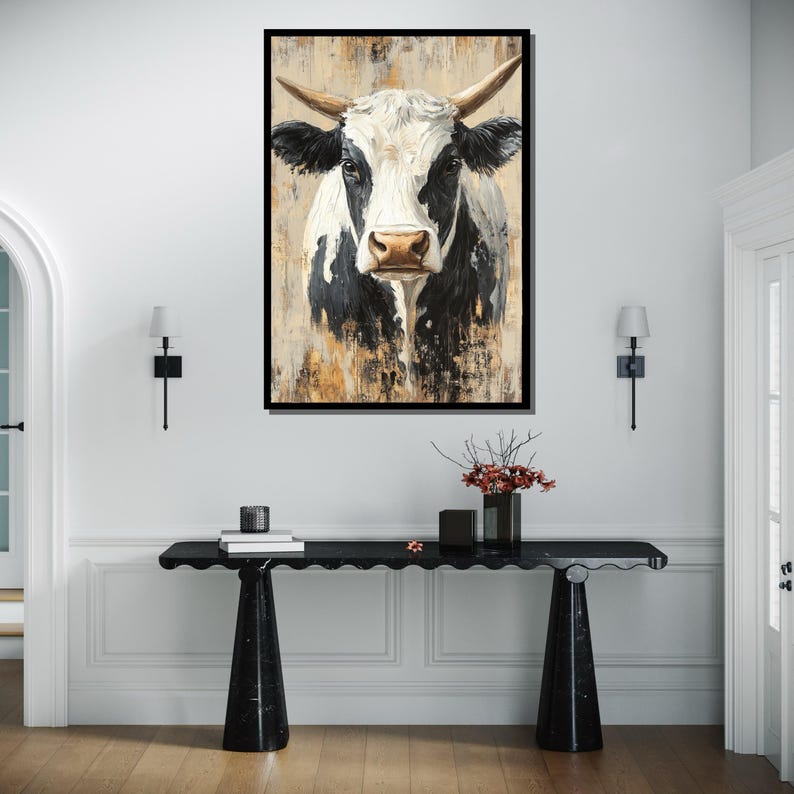 Rustic Cow Wall Art, Farm Animal Canvas, Black and White Cow Painting, Country Style Decor, Modern Farmhouse Artwork, Ready-to-Hang image 3