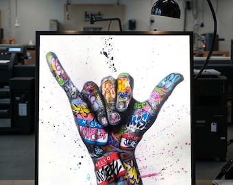 Graffitihandkonst, Urban Shaka-skyltcanvas, Färgglad gatukonst, Väggkonstcanvasdesign, Färdig att hänga dekoration