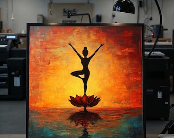 Yogaställning Lotus Canvas, Solnedgångssilhuettkonst, Yogaväggkonst, Meditationsaffisch, Canvasdesign, Klar att hänga dekoration