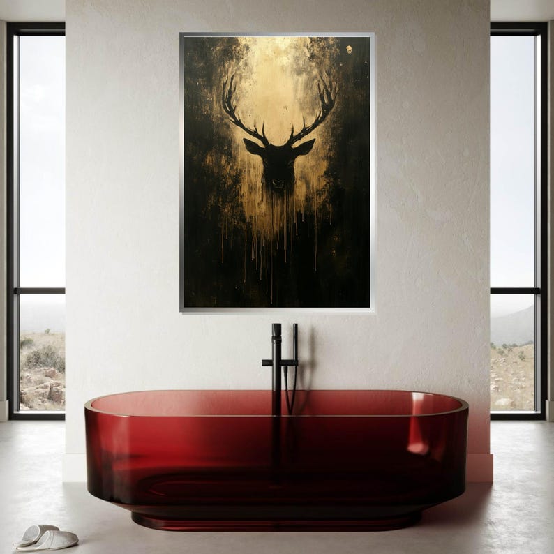 Lienzo con silueta de ciervo dorado, arte abstracto de ciervo, diseño de lienzo para pared, decoración de lujo para el hogar, regalo listo para colgar. imagen 4