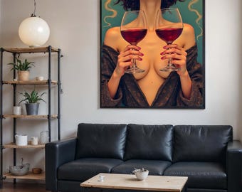 Sensual Wine Glass Portrait Canvas, Artistic Feminine Wall Art, Bold and Elegant Artwork, Modern Glamorous Decor, Wall Art Canvas Design