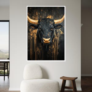 Gyllene tjurcanvas, abstrakt djurkonst, tjurväggtryck, guldstänk, väggkonstcanvasdesign, redo att hängas, heminredningspresentcanvas bild 5