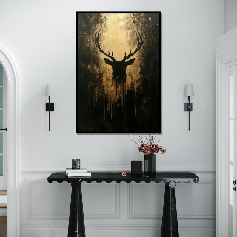 Lienzo con silueta de ciervo dorado, arte abstracto de ciervo, diseño de lienzo para pared, decoración de lujo para el hogar, regalo listo para colgar. imagen 3