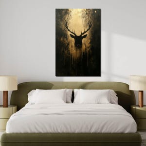 Lienzo con silueta de ciervo dorado, arte abstracto de ciervo, diseño de lienzo para pared, decoración de lujo para el hogar, regalo listo para colgar. imagen 6