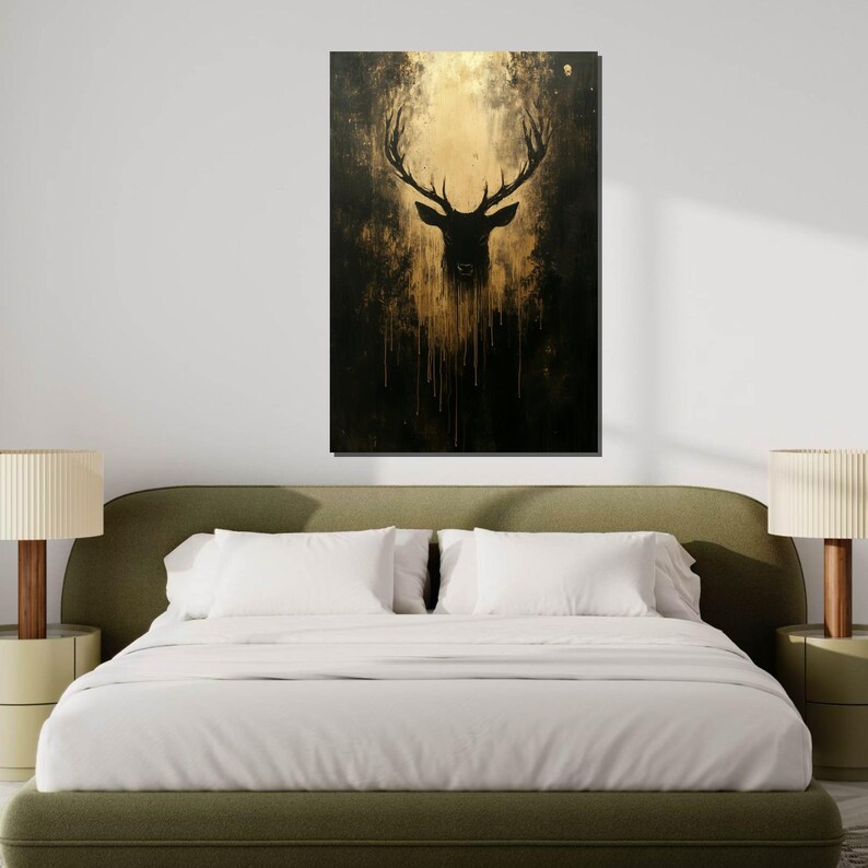 Lienzo con silueta de ciervo dorado, arte abstracto de ciervo, diseño de lienzo para pared, decoración de lujo para el hogar, regalo listo para colgar. imagen 6