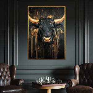 Gyllene tjurcanvas, abstrakt djurkonst, tjurväggtryck, guldstänk, väggkonstcanvasdesign, redo att hängas, heminredningspresentcanvas bild 2