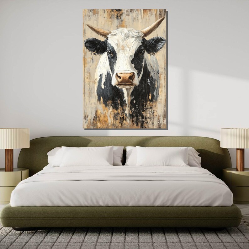 Rustic Cow Wall Art, Farm Animal Canvas, Black and White Cow Painting, Country Style Decor, Modern Farmhouse Artwork, Ready-to-Hang image 6