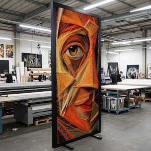 Pode incluir: Grande obra de arte emoldurada com um rosto abstrato detalhado, composto por fios laranja, amarelos e castanhos. A obra de arte é exibida em uma oficina, com uma moldura preta e um suporte.