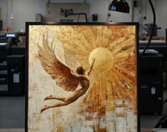 Icarus Sun Canvas, Mythical Winged Art, Inspirational Wall Art, Gold Abstract, Canvas Design, Gift Art Canvas, Ready to Hang Decoration