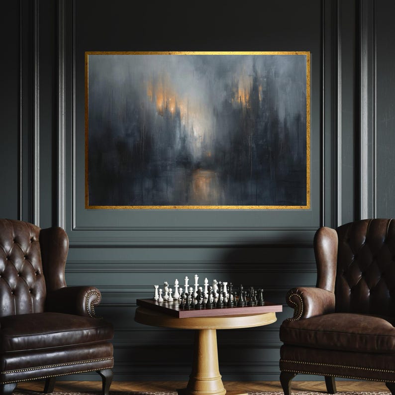 Misty Cityscape Canvas, Abstract Urban Wall Art, Dark Atmosphere City Print, Wall Art Canvas Design, Ready to Hang Decoration image 3