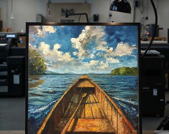 May include: An oil painting depicting a wooden boat sailing on a blue lake under a cloudy sky. The artwork features a perspective view from inside the boat, with the bow pointing towards the horizon. The painting is framed in a black frame.